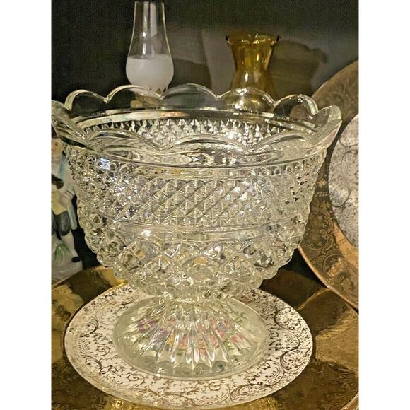 Vintage Anchor Hocking Crystal Wexford Glass Centerpiece Footed Bowl - Picture 2 of 12